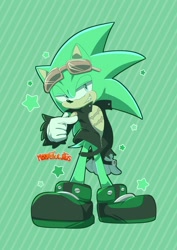 Size: 1448x2048 | Tagged: safe, artist:monstwitos, scourge the hedgehog, 2026, lidded eyes, looking at viewer, smile, solo, standing, star (symbol), striped background