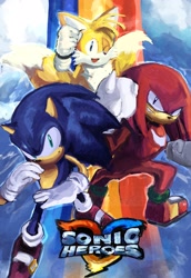 Size: 1409x2048 | Tagged: safe, artist:pankerdotpng, knuckles the echidna, miles "tails" prower, sonic the hedgehog, sonic heroes, 2026, clenched fists, looking at viewer, smile, team sonic, trio, wink