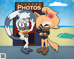 Size: 4298x3434 | Tagged: safe, artist:frostbitewhiteknight, tangle the lemur, whisper the wolf, lemur, wolf, 2023, beach, clothes, duo, english text, eyes closed, female, flower, flower in ear, glasses, lesbian, looking at viewer, open smile, photo booth, pose, shipping, shirt, shy, smile, smiling at viewer, swimsuit, tangle x whisper, v sign, vacation, water