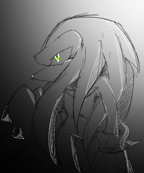Size: 1000x1200 | Tagged: safe, artist:aoshibazakura95, knuckles the echidna, 2026, gradient background, grey background, greyscale, monochrome, sketch, solo, spot color, standing