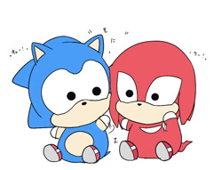Size: 980x747 | Tagged: safe, artist:aoshibazakura95, knuckles the echidna, sonic the hedgehog, 2025, chibi, cute, duo, japanese text, knucklebetes, looking at each other, looking at them, sega cooro, simple background, sitting, sonabetes, white background