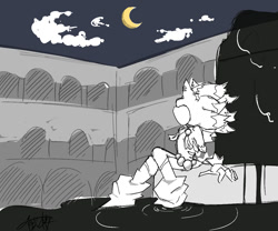 Size: 1200x1000 | Tagged: safe, artist:aoshibazakura95, mephiles the dark, comic:tenebrae, sonic and the black knight, 2025, building, greyscale, monochrome, moon, outdoors, sitting, sketch, solo, spot color