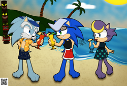 Size: 5088x3438 | Tagged: safe, artist:frostbitewhiteknight, bernadette hedgehog, jules hedgehog, uncle chuck, hedgehog, 2023, barefoot, beach, clothes, daytime, drink, drinking, drinking glasses, female, fruit, glasses, grin, hat, holding something, lemon, looking at each other, male, palm tree, shirt, skirt, smile, smiling at each other, straw, sun, swimming trunks, swimsuit, totem pole, trio, vacation, water