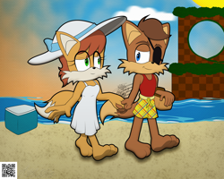 Size: 4304x3442 | Tagged: safe, artist:frostbitewhiteknight, amadeus prower, rosemary prower, fox, green hill zone, 2023, afternoon, barefoot, carrying something, clothes, couple, daytime, dress, duo, female, food storage box, hat, holding hands, looking at each other, male, picnic basket, smile, smiling at each other, swimming trunks, vacation, walking