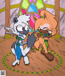 Size: 3926x4590 | Tagged: safe, artist:frostbitewhiteknight, tangle the lemur, whisper the wolf, lemur, wolf, 2024, alternate outfit, barefoot, belly dancer outfit, dancing, duo, female, happy, indoors, lesbian, looking at each other, shipping, smile, smiling at each other, tangle x whisper