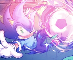Size: 2048x1685 | Tagged: safe, artist:yeboiicj, sonic the hedgehog, 2026, abstract background, arms out, daytime, mario and sonic at the 2020 olympic games, outdoors, smile, soccer, soccer ball, solo, sparkles