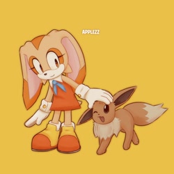 Size: 1068x1068 | Tagged: safe, artist:applezz_4, cream the rabbit, 2026, crossover, duo, eevee, one eye closed, petting, pokemon, signature, simple background, smile, standing, yellow background