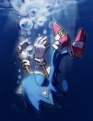 Size: 1521x1973 | Tagged: safe, artist:lvren0126, sonic the hedgehog, 2026, bubbles, drowning, eyes closed, imminent death, outdoors, sinking, solo, underwear, water
