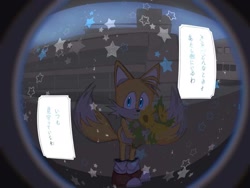 Size: 1280x960 | Tagged: safe, artist:fiomintend, miles "tails" prower, 2025, alternate version, bouquet, colored version, flower, holding something, japanese text, looking at viewer, solo, star (symbol), sunflower, text