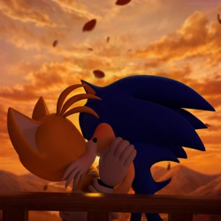 Size: 1920x1920 | Tagged: safe, artist:_nav_o, miles "tails" prower, sonic the hedgehog, 2026, 3d, age difference, blushing, clouds, duo, fence, gay, hugging, kiss, leaf, outdoors, shipping, sonic x tails, sunset