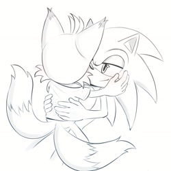 Size: 1913x1913 | Tagged: suggestive, artist:shotapop, miles "tails" prower, nine, sonic the hedgehog, 2026, age difference, duo, from behind, gay, holding each other, lidded eyes, line art, looking at each other, lying down, monochrome, nine x sonic, shipping, shirt, simple background, sitting, sitting on them, smile, sonic x tails, white background