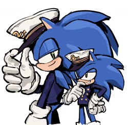 Size: 1024x1008 | Tagged: safe, artist:qqqufzr, sonic the hedgehog, the murder of sonic the hedgehog, 2026, coat, duality, hat, lidded eyes, simple background, solo, standing, white background