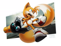 Size: 2048x1536 | Tagged: safe, artist:thatbirdguy_, miles "tails" prower, sonic frontiers, 2026, alternate universe, au:tails frontiers, blaster, fangs, frown, holding something, looking offscreen, mouth open, signature, sonic frontiers: final horizon, treads, weapon