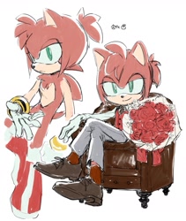 Size: 1500x1779 | Tagged: safe, artist:kiniro_ringo, amy rose, 2026, boots, bouquet, chair, chest fluff, clothes, duality, flower, frown, gender swap, gloves, hair up, legs crossed, lidded eyes, looking at viewer, looking offscreen, male, ponytail, rose, shoes, signature, simple background, sitting, smile, socks, solo, standing, tie, vest, white background