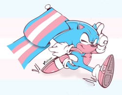 Size: 1511x1177 | Tagged: dead source, safe, artist:boei_place, sonic the hedgehog, gradient background, holding something, limited palette, looking at viewer, pride flag, running, scar, signature, smile, solo, top surgery scars, trans boy sonic, trans male, trans pride, transgender, treads, v sign, wink
