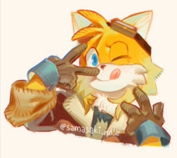 Size: 1080x962 | Tagged: safe, artist:samasaki_saki01, miles "tails" prower, 2026, alternate outfit, aviator jacket, backwards v sign, bust, clothes, double v sign, goggles, goggles on head, jacket, looking at viewer, signature, simple background, smile, solo, tongue out, v sign, white background, wink