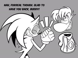Size: 2048x1535 | Tagged: safe, artist:expiredsalamii, sonic the hedgehog, hedgehog, 2026, crossover, dialogue, duo, duo male, english text, eyes closed, flat colors, grey background, handshake, male, monochrome, rayman, simple background, smile, standing, text, unknown species