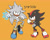 Size: 2048x1658 | Tagged: safe, artist:zan0tix, shadow the hedgehog, silver the hedgehog, hedgehog, 2023, dark skin, duo, duo male, eyelashes, fighting pose, flat colors, frown, japanese text, male, posing, psychokinesis, simple background, text, yellow background