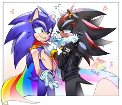 Size: 2048x1758 | Tagged: safe, artist:sheerad119_, shadow the hedgehog, sonic the hedgehog, 2026, bisexual, bisexual pride, cape, demiromantic, demiromantic pride, demisexual, demisexual pride, duo, duo male, ear piercing, earring, english text, face paint, face piercing, gay, gay pride, heart, intersex, intersex male, intersex pride, jacket, lidded eyes, looking at each other, male, nose piercing, pride, pride flag, pride month, scar, shadow x sonic, shipping, smile, standing, text, top surgery scars, trans male, transgender, wagging tail