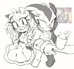 Size: 1658x1550 | Tagged: safe, artist:avearaxx_, amy rose, shadow the hedgehog, hedgehog, 2025, blushing, double v sign, drink, duo, duo male and female, eyelashes, female, holding something, line art, looking at something, looking at viewer, monochrome, posing, reference inset, shrunken pupils, simple background, smile, spilled drink, standing, sweatdrop, unaware, v sign, white background