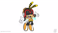 Size: 1920x1080 | Tagged: safe, artist:twincubcakes, charmy bee, bee, 2026, eyes closed, flying, happy, male, mid-air, simple background, solo, white background