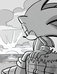Size: 927x1200 | Tagged: safe, artist:twincubcakes, sonic the hedgehog, hedgehog, 2026, beach, cliff, looking down, looking offscreen, male, monochrome, morning, sitting, solo, sun, sunrise, water