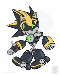 Size: 2550x3200 | Tagged: safe, artist:twincubcakes, shard the metal, 2026, grin, looking offscreen, male, robot, simple background, smile, solo, walking, watermark, white background