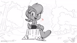 Size: 1920x1080 | Tagged: safe, artist:twincubcakes, sally acorn, chipmunk, 2026, daytime, female, forest, grass, looking at viewer, looking back, monochrome, open mouth, open smile, sally's ringblader outfit, sitting, solo, tree, turning around, watermark