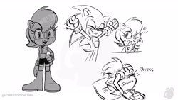 Size: 1920x1080 | Tagged: safe, artist:twincubcakes, sally acorn, sonic the hedgehog, chipmunk, hedgehog, 2026, blushing, dialogue, duo, english text, eyes closed, female, grin, hand on hip, heart, looking at them, looking at viewer, male, monochrome, open smile, pillow, pose, sally x sonic, sally's ringblader outfit, shipping, sitting, sketch, smile, solo focus, standing, straight, watermark