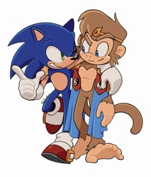 Size: 1478x1731 | Tagged: safe, artist:jadepesky, monkey khan, sonic the hedgehog, hedgehog, monkey, 2026, duo, friendship, grin, looking at each other, male, simple background, smile, smiling at each other, solo, walking, white background, wink