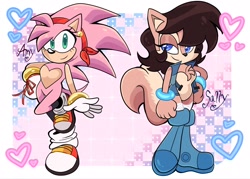 Size: 2048x1463 | Tagged: safe, artist:hunibunnii, amy rose, sally acorn, chipmunk, hedgehog, 2026, abstract background, adult, character name, chest fluff, duo, english text, female, hand on hip, heart, looking at viewer, naked, older, pose, raised leg, redesign, ringblader, sally's vest and boots, smile, smiling at viewer