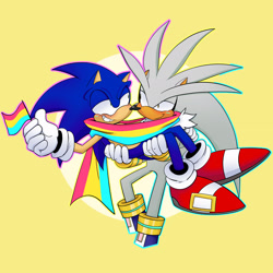 Size: 2048x2048 | Tagged: safe, artist:sparrowthefox, 2026, carrying them, duo, face paint, flag, gay, holding each other, holding something, lidded eyes, pansexual, pansexual pride, pride, pride flag, pride month, redraw, shipping, silver, silver x sonic, simple background, smile, sonic, yellow background