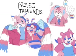 Size: 1290x955 | Tagged: safe, artist:sonicattos, charmy bee, cheese (chao), cream the rabbit, marine the raccoon, 2026, cute, english text, flat colors, group, limited palette, positivity, pride, pride flag, pride month, simple background, smile, text, trans boy charmy, trans female, trans girl tails, trans male, trans pride, transgender, waving, white background