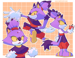 Size: 2048x1592 | Tagged: safe, artist:near-sighted-crowe, blaze the cat, 2026, alternate outfit, apple, food, frown, fruit, fur markings, holding something, mid-air, mouth open, outline, solo, standing, yellow sclera