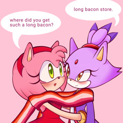 Size: 2000x2000 | Tagged: safe, artist:soniiiv, amy rose, blaze the cat, 2026, amy x blaze, amybetes, blazebetes, blushing, cute, dialogue, duo, english text, hugging, lesbian, lesbian pride, long bacon, meme, pink background, pride, scarf, sharing a scarf, shipping, simple background, smile, speech bubble, text