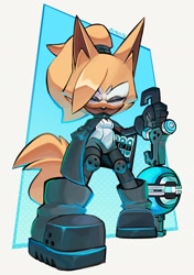 Size: 1444x2048 | Tagged: safe, artist:emilex56, whisper the wolf, wolf, 2026, eyes closed, female, from below, frown, holding something, solo, standing, weapon, wispon