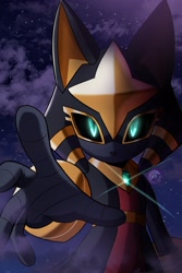 Size: 1365x2048 | Tagged: safe, artist:theglitched0wl, megani the jackal, jackal, 2026, black sclera, clouds, enigma the phantom thief, glowing eyes, looking at viewer, nighttime, outdoors, reaching out, reaching towards the viewer, shine, solo, standing, star (sky)