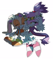 Size: 1827x2048 | Tagged: safe, artist:roastedgarlics2, blaze the cat, cream the rabbit, cat, rabbit, 2026, creamabetes, cute, duo, eyes closed, female, flower, flower crown, holding something, looking at something, mouth open, shadow (lighting), simple background, sitting, smile, white background