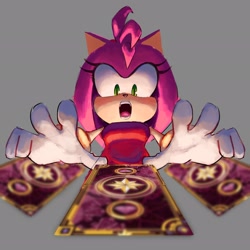 Size: 2048x2048 | Tagged: safe, artist:artbyesper, amy rose, hedgehog, 2026, 35 days sonic, card, female, grey background, looking at something, mouth open, redraw, simple background, solo, tarot card