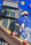 Size: 1449x2048 | Tagged: safe, artist:millet_hungry, sonic the hedgehog, hedgehog, 2026, air balloon, badnik, building, clock, clouds, daytime, male, mouth open, outdoors, rail grinding, railing, robot, rooftop run, smile, solo focus, tower, trio