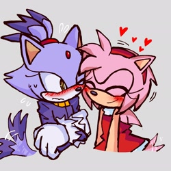 Size: 2048x2048 | Tagged: safe, artist:mondongo_sus71, amy rose, blaze the cat, 2026, amy x blaze, amybetes, arms folded, blushing, cute, duo, eyes closed, grey background, heart, lesbian, one eye closed, shipping, simple background, standing, sweatdrop, wagging tail