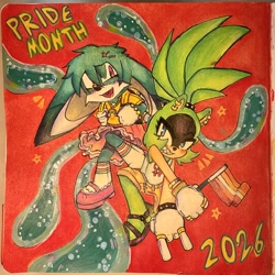 Size: 2048x2048 | Tagged: safe, artist:ispielovesyou, kit the fennec, surge the tenrec, 2026, devil horns (gesture), duo, english text, hydrokinesis, lesbian, lesbian pride, lesbian surge, lesbian symbol, pride, pride flag, pride month, skirt, smile, tentacle, text, traditional media, trans female, trans girl kit, trans pride, transgender, water
