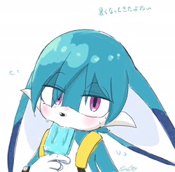 Size: 2048x2010 | Tagged: safe, artist:tomii_pepe, kit the fennec, tenrec, 2026, blushing, cute, dialogue, eating, eye clipping through hair, food, holding something, japanese text, kitabetes, lidded eyes, looking at viewer, male, popsicle, simple background, solo, sweatdrop, text, white background