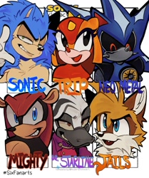 Size: 1152x1376 | Tagged: safe, artist:xbakura, dr. starline, metal sonic, mighty the armadillo, miles "tails" prower, neo metal sonic, sonic the hedgehog, trip the sungazer, 2026, black sclera, character name, english text, fur markings, group, meme, six fanarts, style comparison, text