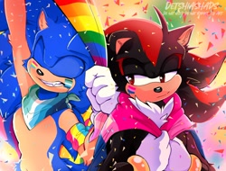 Size: 2048x1557 | Tagged: safe, artist:d3tshia_sh5ds, shadow the hedgehog, sonic the hedgehog, 2026, bandana, bisexual pride, confetti, duo, face paint, gay, gay pride, mlm pride, pansexual pride, pride, pride month, shadow x sonic, shipping, smile