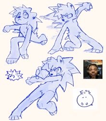 Size: 1437x1636 | Tagged: safe, artist:lunrsys, sonic the hedgehog, 2026, barefoot, grey background, monochrome, paws, posing, reference inset, simple background, skidding, solo