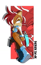 Size: 1386x2189 | Tagged: safe, artist:derekunleashed, sally acorn, chipmunk, 2023, english text, female, gun, holding something, looking offscreen, pistol, ringblader, sally's vest and boots, solo, weapon