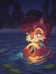 Size: 1199x1588 | Tagged: safe, artist:jadepesky, sally acorn, chipmunk, 2026, canyon, female, glowing, holding something, looking at something, nighttime, pond, ring, sally's vest and boots, sitting, smile, solo, water