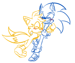 Size: 900x759 | Tagged: safe, artist:kanjifaux, miles "tails" prower, sonic the hedgehog, 2012, age difference, blushing, duo, gay, hugging, line art, monochrome, shipping, simple background, smile, sonic x tails, spot color, transparent background