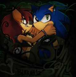Size: 1872x1900 | Tagged: safe, artist:blnkn01z, artist:pensforpenc1ls, sally acorn, sonic the hedgehog, chipmunk, hedgehog, 2026, clothes, darker, duo, ear piercing, emo, emo outfit, female, looking at them, looking offscreen, male, piercing, sally x sonic, sally's vest and boots, shipping, shirt, smile, straight, vine